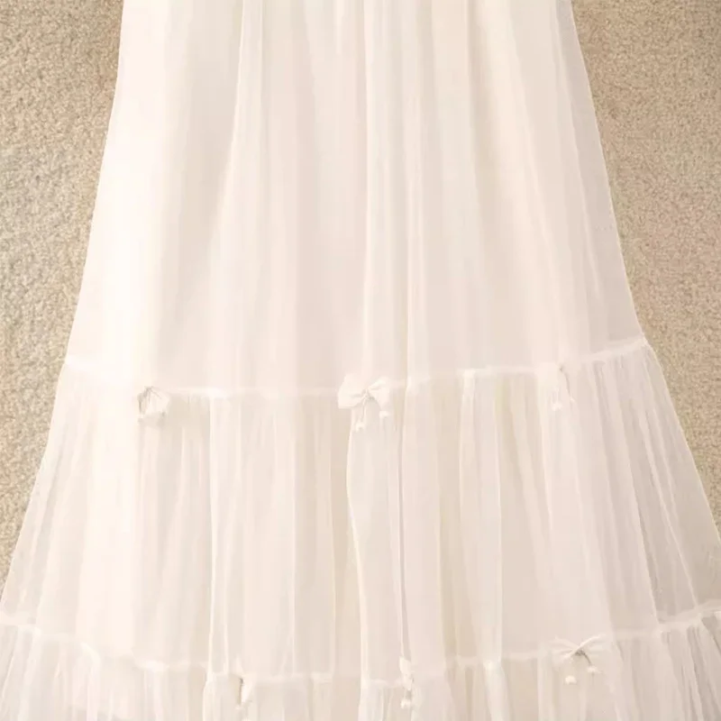 Jupe longue en tulle pour femme, patchwork de nœud doux coréen, ligne A, taille haute, jupe midi plissée en maille, vert, Z658, nouveau, 2024