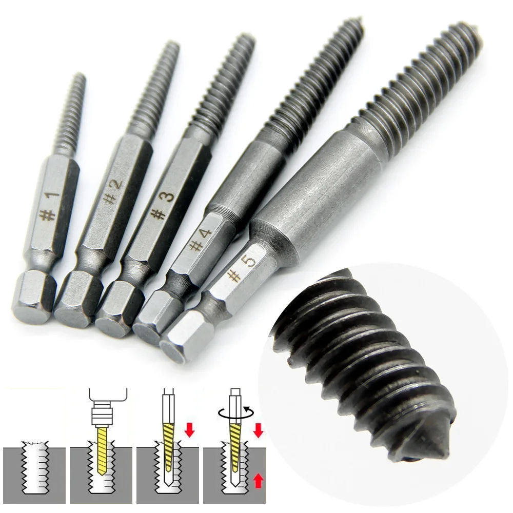 5pcs Screw Extractor Center Drill Bits Guide Set Broken Damaged Bolt Remover Hex Shank And Spanner For Broken Hand Tool