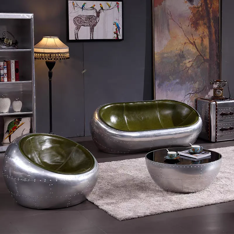 Retro Industrial Style Aluminum Leather Sofa French Office Modular Sofa Medieval Whiskey Set Sofa Chair