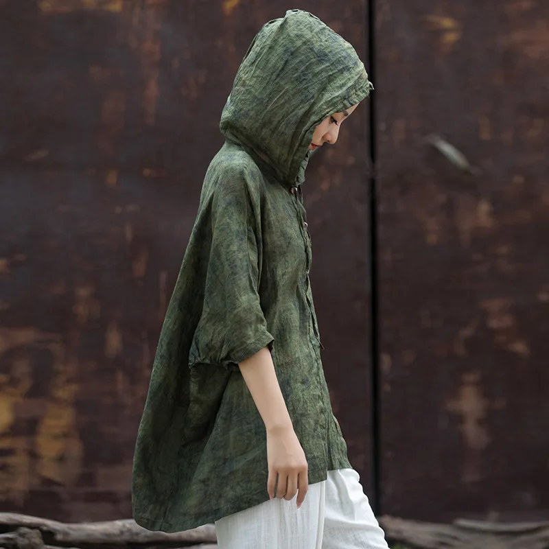 

High-count pure ramie printing disc-buckled hooded sunscreen shirt cotton and linen women's clothing new half-sleeved T-shirt fa