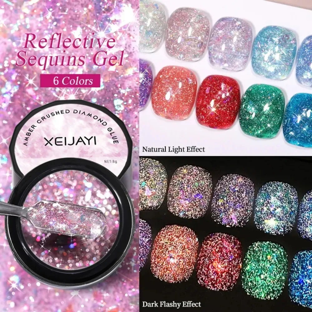 

Reflective Glitter Gel Nail Polish 6Color Sparkling Auroras Laser Nail Gel Semi Permanent Soak Off UV Gel Varnish Reflective Top