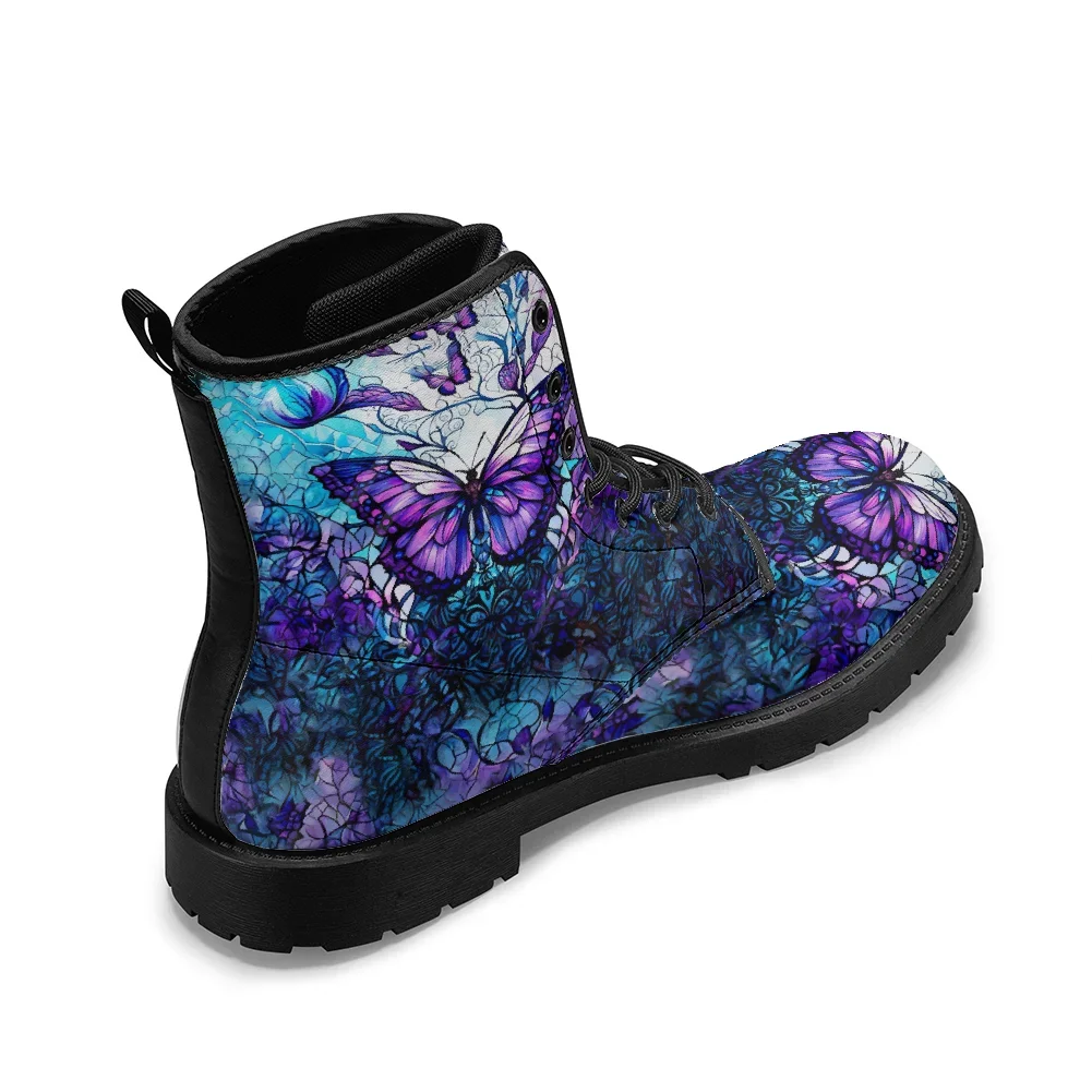 

Purple artistic butterfly print black mid-calf boots, casual and stylish street-style boots for men and women.