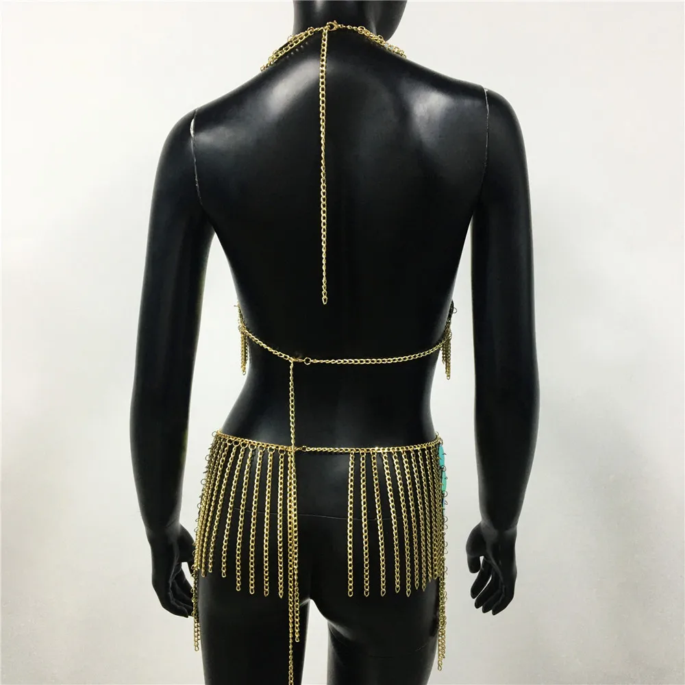 Sequins Festival Rave Outfits Women 2 Piece Set Metallic Halter Tank Top See Through Fringe Mini Skirt Tassel Beach Body Chain