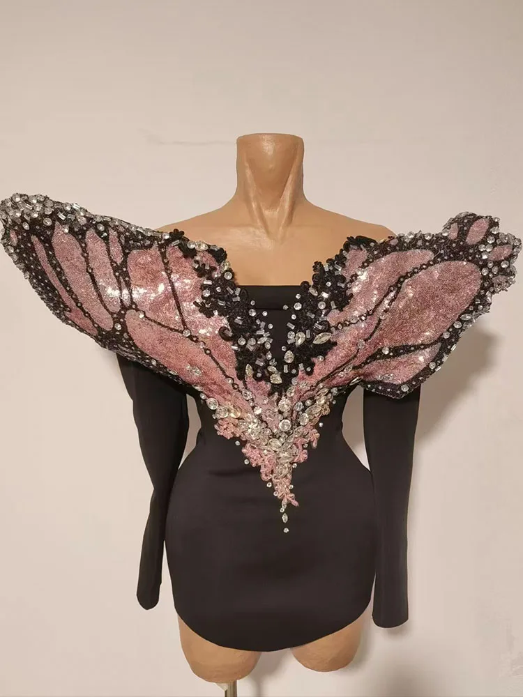 

Exclusive designer pink butterfly wings dance show girl costume dress women stage birthday party festival rave Catwalk show