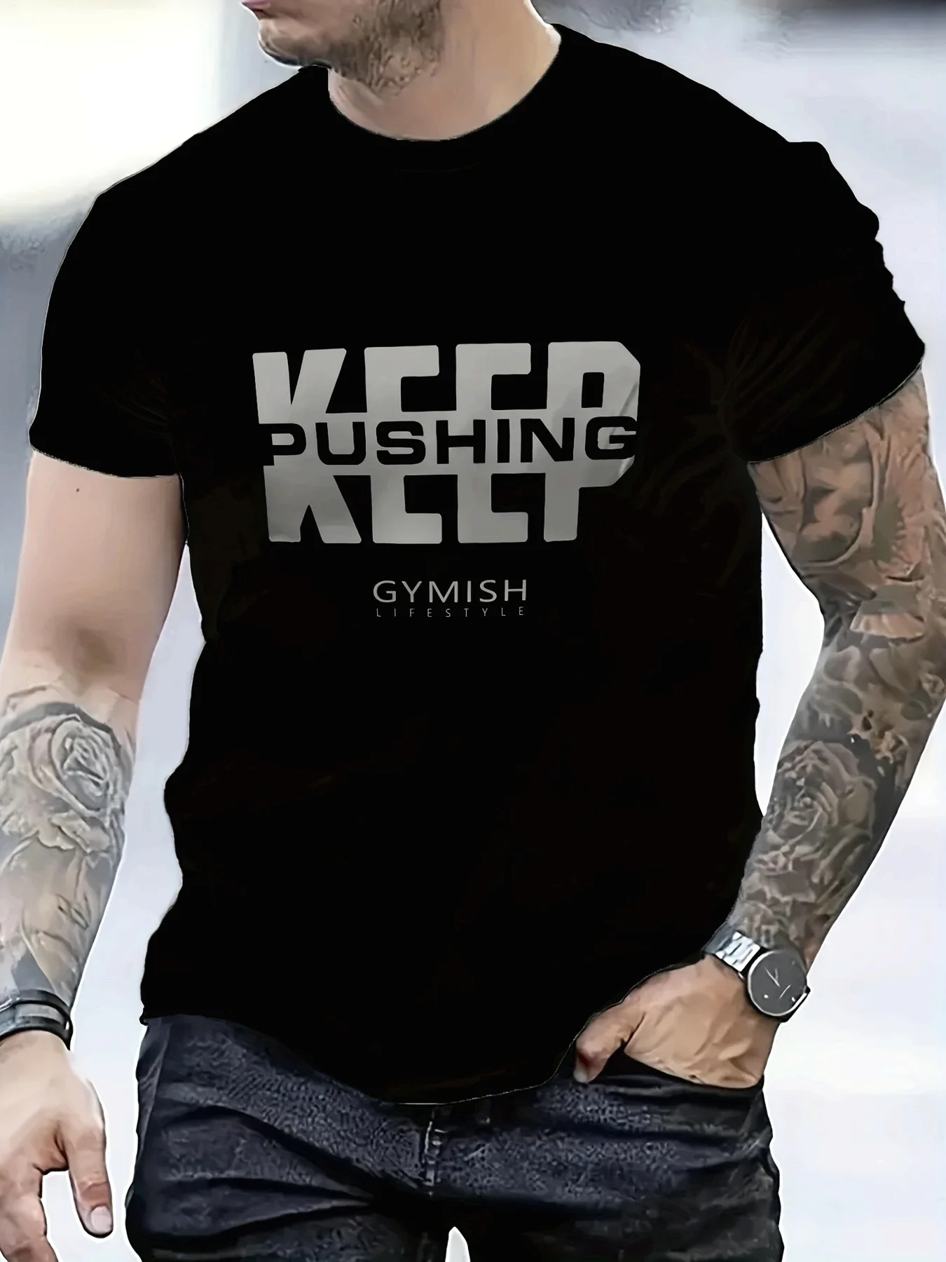 Camiseta motivacional para hombre KEEP PUSHING Gym, camiseta de entrenamiento transpirable 100 poliéster, ajuste Regular, cuello redondo, lavable a máquina