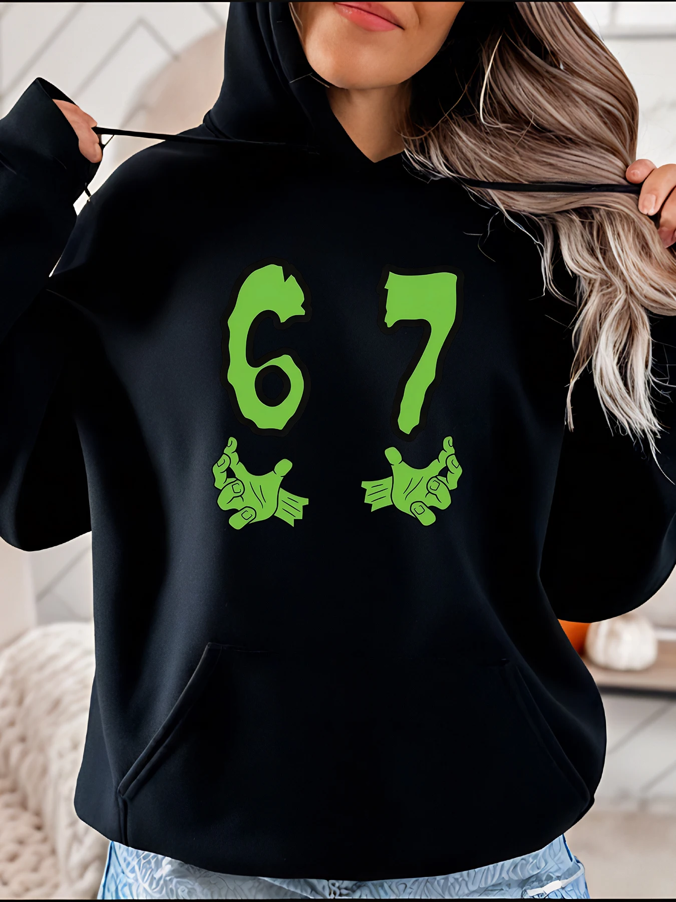 

Толстовка с капюшоном 67, зеленые ручные знаки, повседневная толстовка с принтом, женский наряд для Хэллоуина, модная уличная одежда