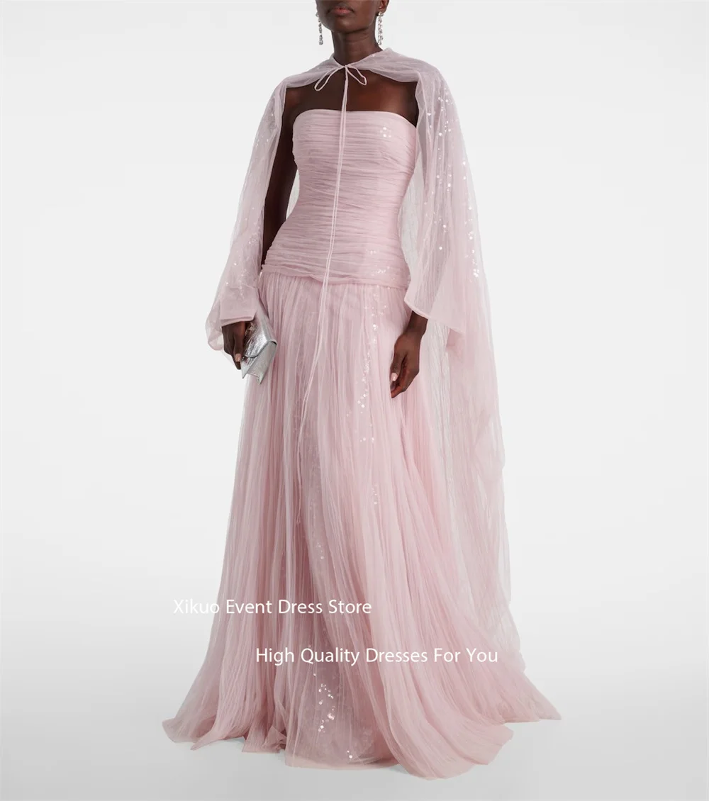 Xikuo كريستال مطرزة كيب الأكمام فساتين السهرة الوردي ألف خط Vestidos De Fiesta Ruched حمالة فساتين المشاهير مخصصة