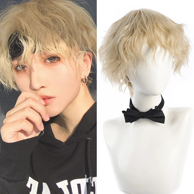 

Synthetic Short Head Wigs Natural Wavy Fluffy Hair Wigs with Bangs Suitable for Men and Women Blonde Wig for Women Cosplay Use