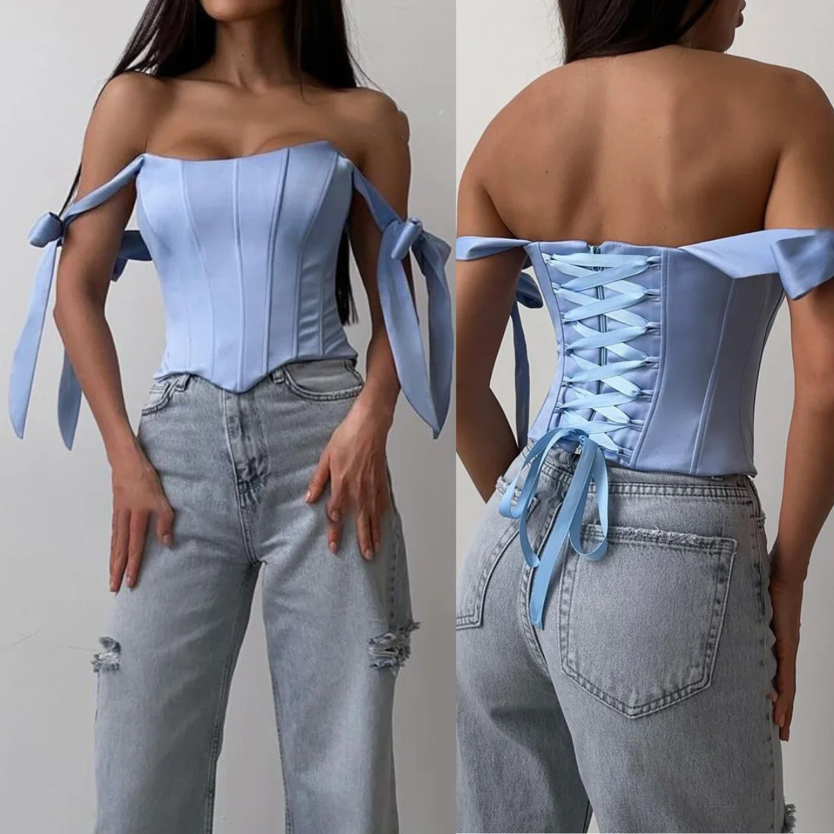 

Solid Satin Sleeveless Corset Bow Straps Boned Streetwear Women Sexy Backless Zipper Vest Slim Crop Tops Fashion Summer Clothing