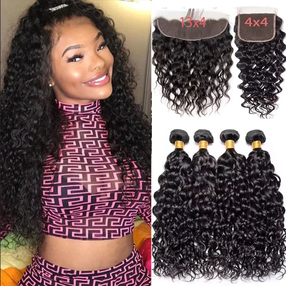 

Water Wave Human Hair Bundles With Closure 100% Unprocessed Brazilian Bundles Human Hair Extension