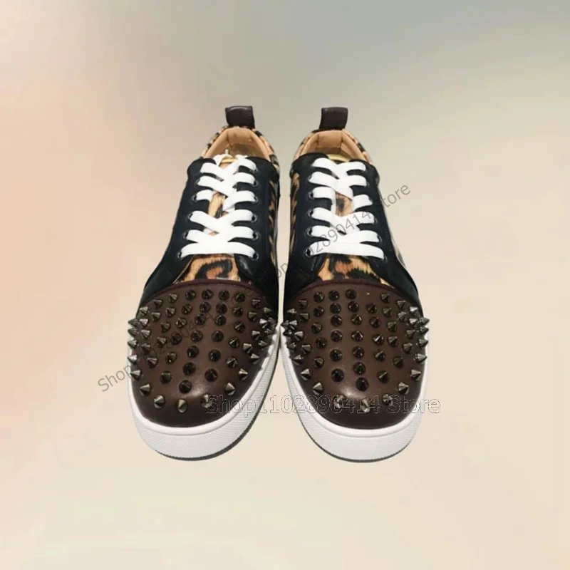 Mixed Color Leopard Print Rivets Decor Men Sneakers Fashion Lace Up Men Shoes Luxurious Handmade Party Banquet Men Casual Shoes