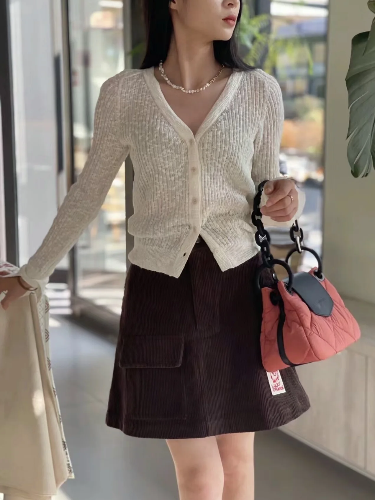 

Spring Summer Pure Cotton Knitted Long Sve Open Cardigan Top in Beige Color V-Ne Button Detail Regular Fit Women's Wear