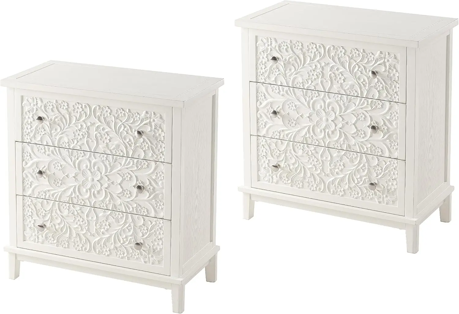 3-Drawer Fully-Assembled Flower Motif Dresser, Set of 2 Nightstand for French Country, Farmhouse Modern Rustic Style