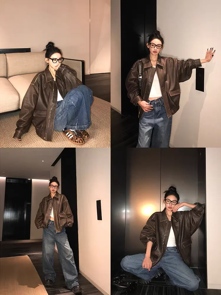 2025 جديد ربيع الخريف كول وسيم ريترو المتضخم المتعثرة البني لينة فو سترات من الجلد للنساء سستة المدرج الموضة