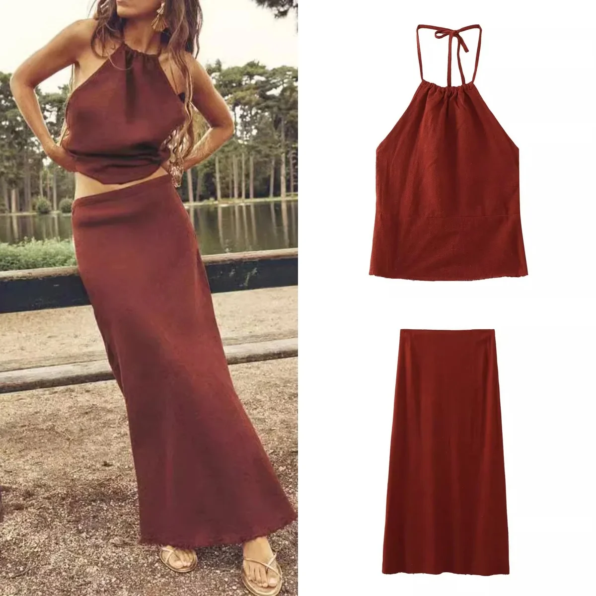 

Summer new casual resort style women's skirt suit linen blend Slim dew waist hanging neck top high waist woolen edge long skirt