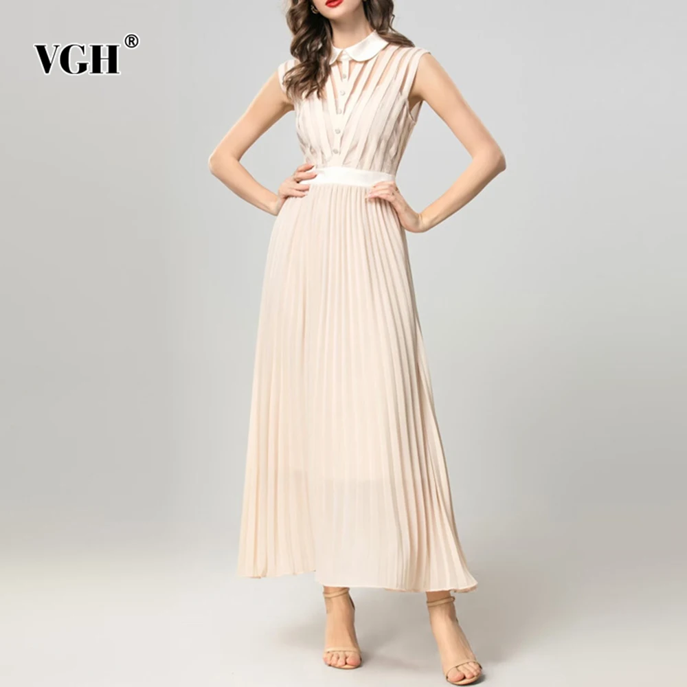 

VGH French Style Slimming Solid Long Dresses For Women Lapel Sleeveless High Waist Draped Temperament Dress Female Fashion New