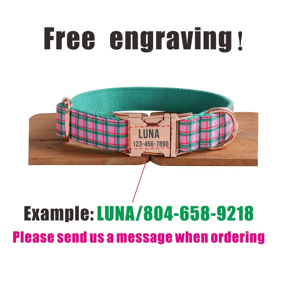 Personalized Dog Collar with Free Engraving, Matching Pet Leash,Customzied Contacts Metal Buckle, Pink Green Plaid Pet Collar