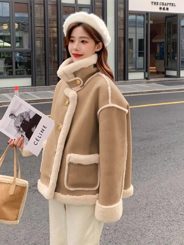 Faux Fur Jacket Women Street Casual Standneck Thicken Korean Warm Coat Female Winter Solid Chic Plush  Loose Outwears Lady