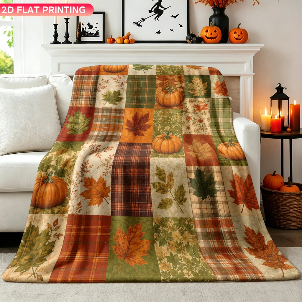 1pc Vintage Patchwork Pumpkin Maple Leaf Print Soft Warm Lightweight Blanket, All Seasons Holiday Universal for Bedroom Living R