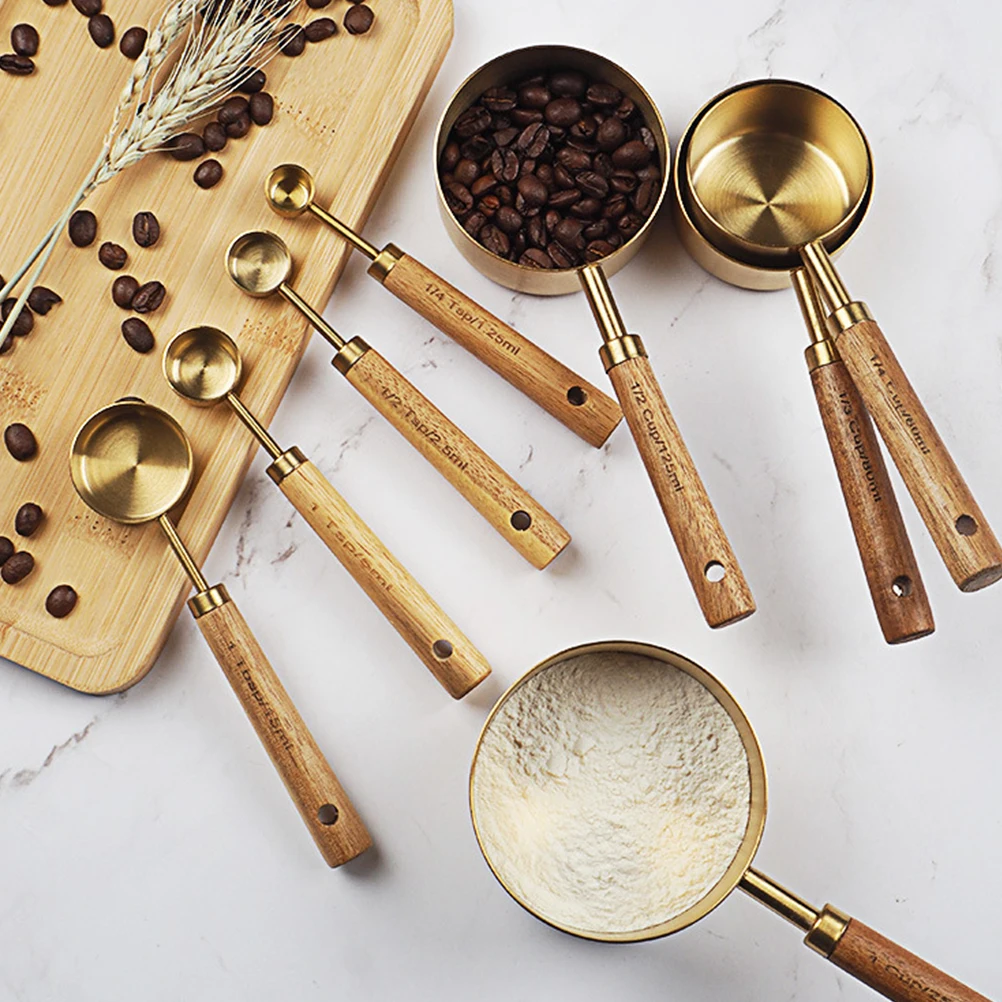

4Pcs Measuring Powder Measuring Cup Spoon Set Stainless Steel Wood H Kitchen Scale Unit Powder Nesting Cups