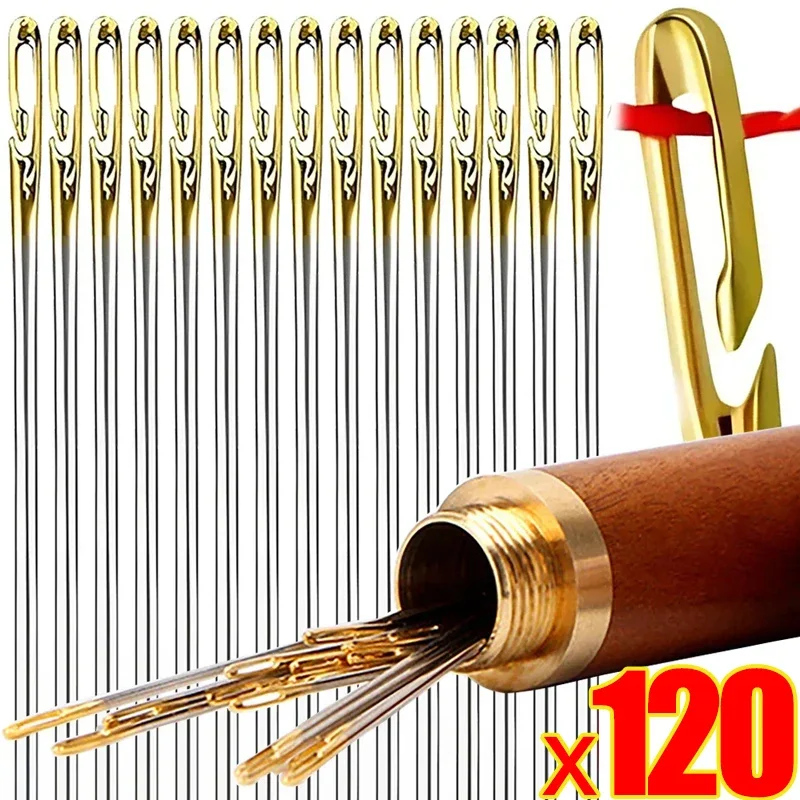 12/120Pcs Side Hole Blind Sewing Needles Stainless Steel Elderly Self Threading Needles Household DIY Beading Threading Needle