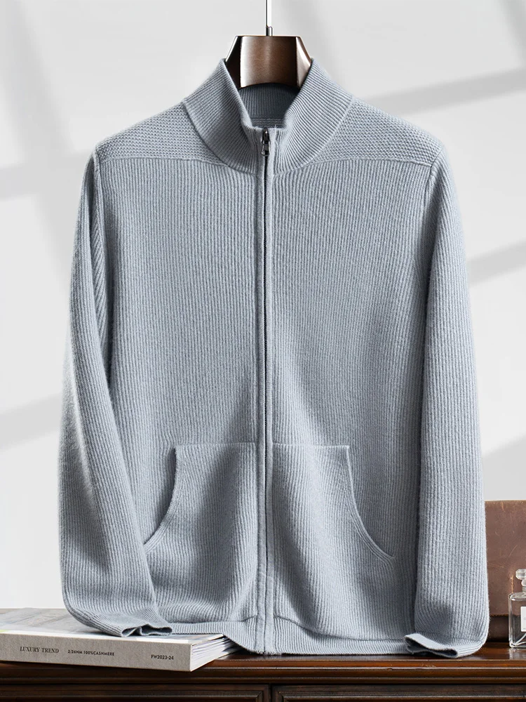 

Men's 100% Cashmere Sweater Zipper Cardigan Mock Neck Long Sleeve Casual Style Cashmere Knitwear Autumn Winter Soft Pockets Tops
