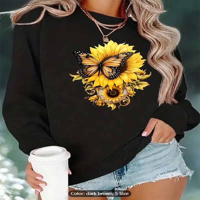 

Womens Fleece Lined Graphic Print Crew Neck Sweatshirt Vibrant Sunflower Butterfly Design Cozy Casual Streetwear Winter Apparel