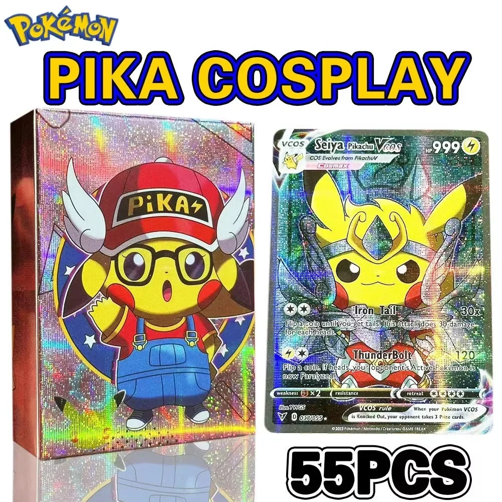 Caja de 55 Uds. Nuevas tarjetas holográficas de Pokemon Anime personajes de Pikachu Cosplay colección brillante en inglés juguetes de tarjetas comerciales regalo para niños