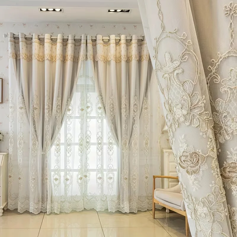 1 stuk dubbelzijdig multicolor verduisterende gordijn, Europese paleis-stijl geborduurde sheer + blind set, eenvoudige installatie voor woonkamer slaapkamer
