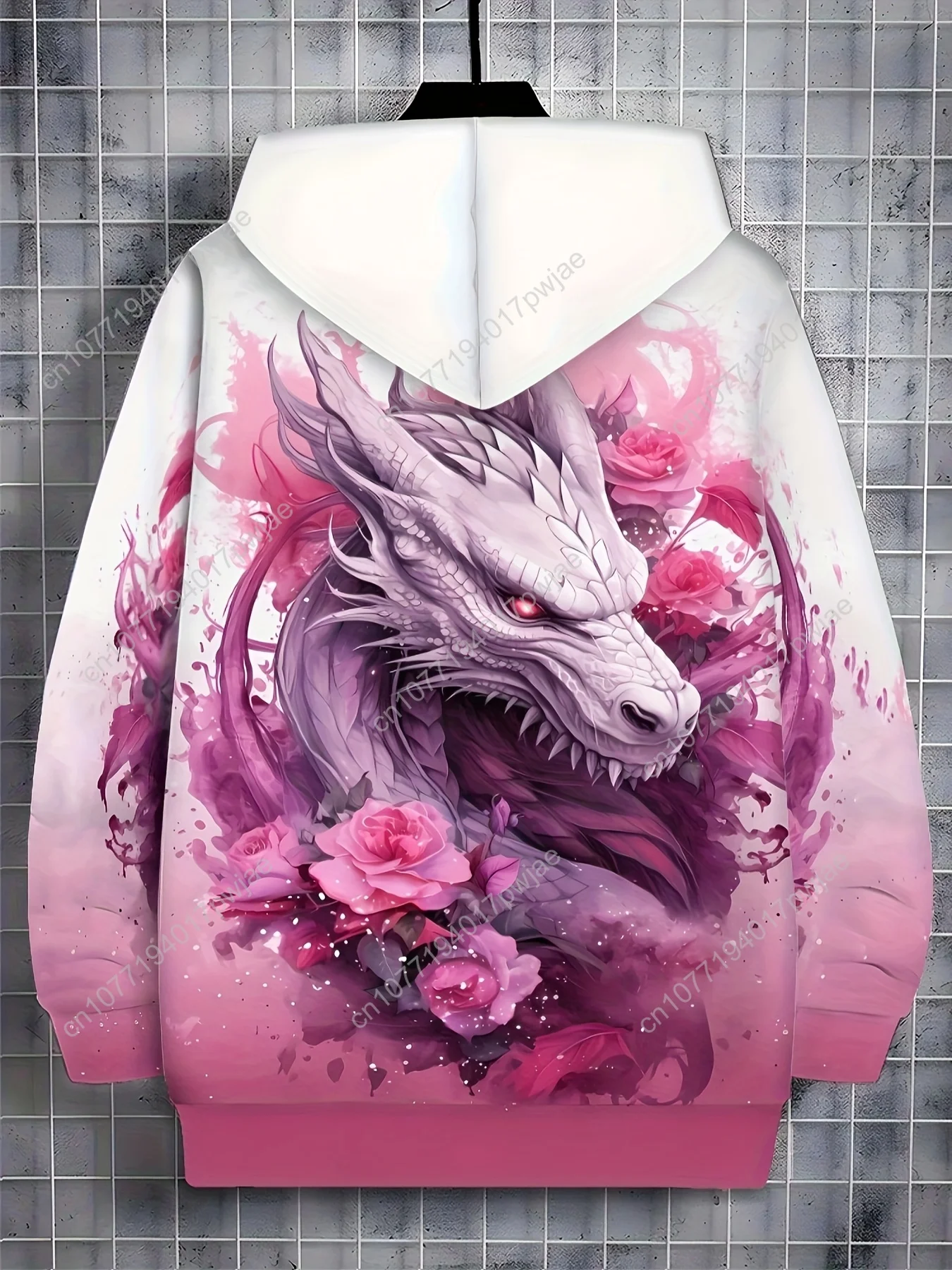 [Giacca con cappuccio floreale con cerniera] Giacca con cappuccio con zip da uomo - Motivo floreale di ispirazione asiatica, Transizione di colore bianco/rosa/rosso, lunga