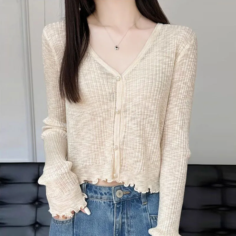 Suéteres de Tricô Femininos, Cardigans Novos com Decote em V, Suéter de Tricô Protetor Solar, Cardigan Feminino, Tops de Manga Longa, Suéter Feminino Q3666