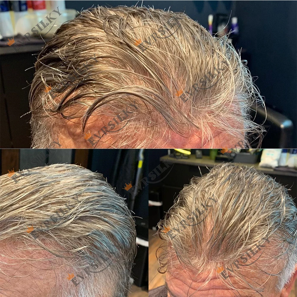 

Light Weight 80%Density 0.02mm Super Thin Skin Men Toupee Human Hair 1B65 Gery Black Prosthesis Male Wigs Super Natural Hairline