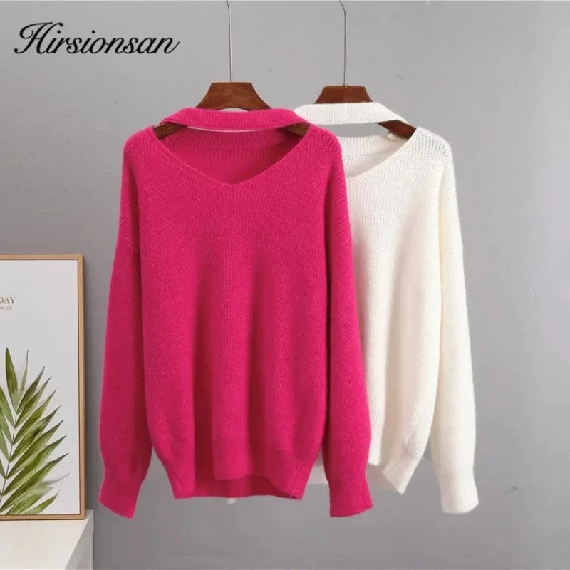 Hirsionsan macio quente v pescoço suéter feminino elegante doce cor malha pullovers feminino solto cashmere básico malhas jumper