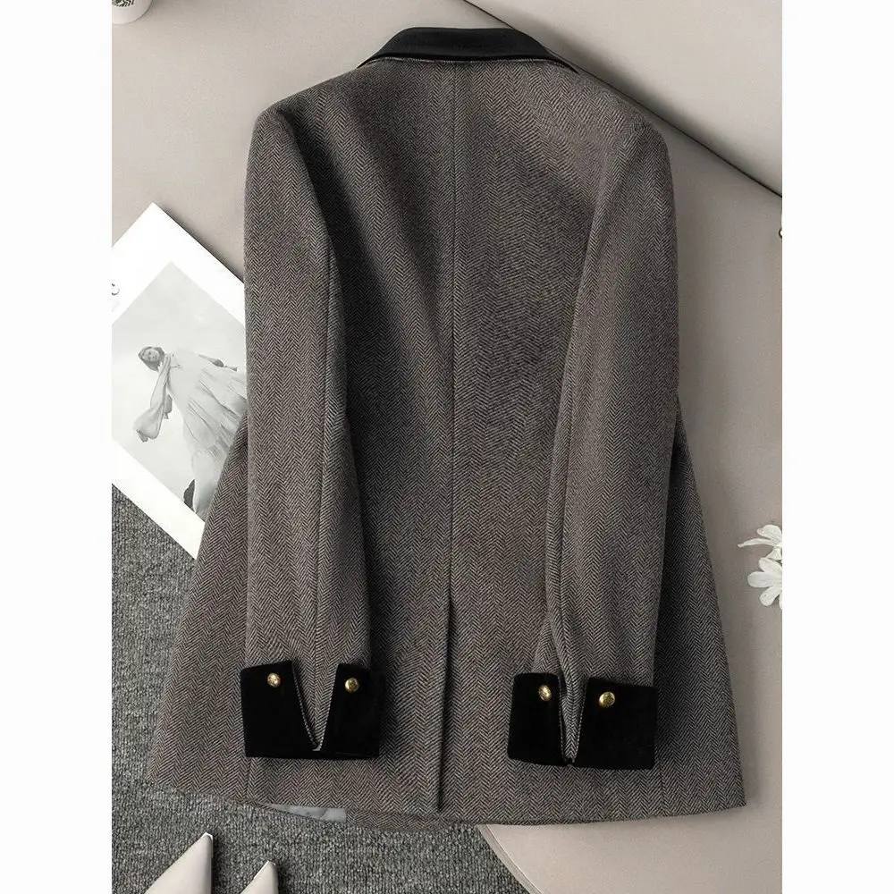 

Women Office Blazers 2026 New Autumn Winter Coat Chic Gray Herringbone Pattern Suit Jacket Female Thick Casual Tops Outerwear