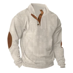 Men's European Style Button Up Stand Up Collar Corduroy Patchwork Pullover Sweater Casual Sports Warmth Long Sleeves