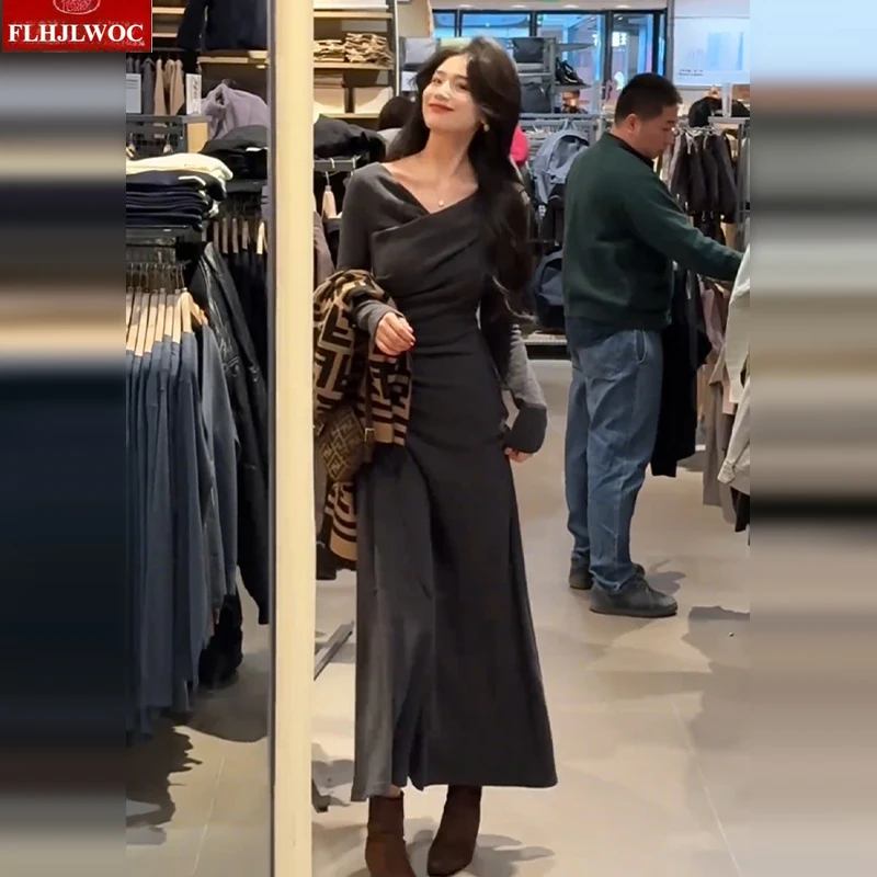 Frans ontwerp lange basisjurken nieuwe vrouw herfst winter lange mouw v-hals effen retro vintage t-shirt jurk vrouwelijke vestidos