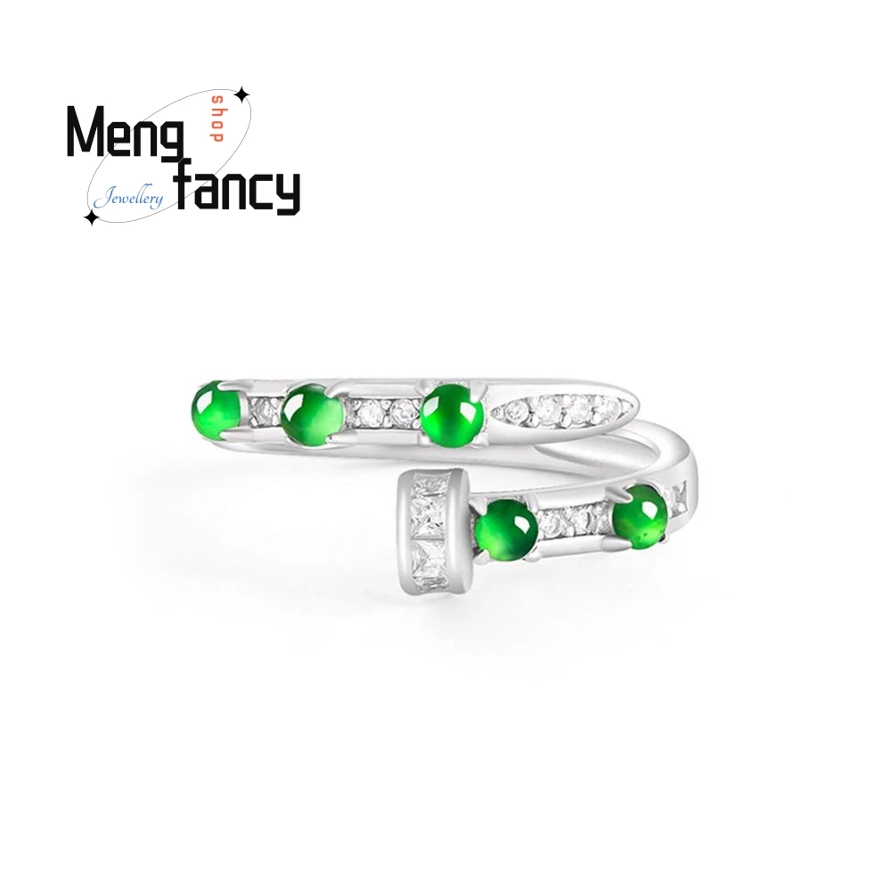 High-grade Natural A-goods Jadeite Yang Green Ring Ice Jade S925 Silver Inlaid Adjustable Couple Fashion Luxury Jewelry Souvenir