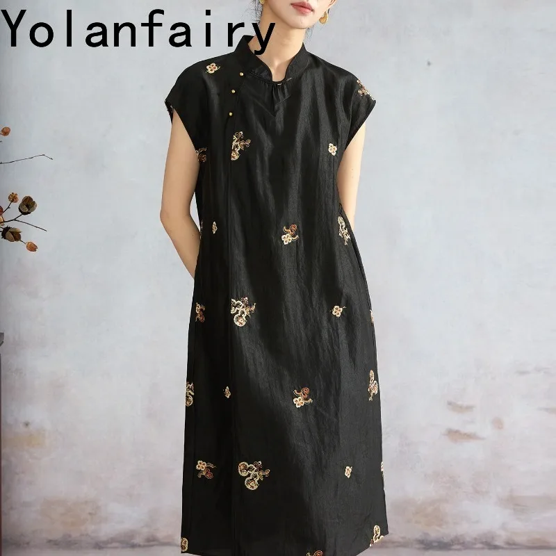 YOLANFAIRY Luxury 100% Pure Mulberry Silk Cheongsam Dresses for Women Embroidery Crack Texture Gambiered Silk Short Sleeve Dres