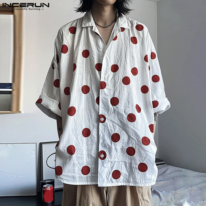 

INCERUN Tops 2024 Korean Style Fashion Men's Polka Dot Printed Shirts Streetwear Personality Hot Sale Half Sleeved Blouse S-5XL