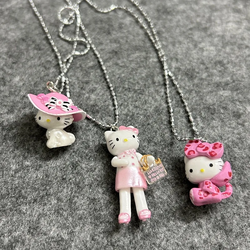 Sanrio Hello Kitty Titanium Steel Necklace Doll Leopard Print Cat Hat Kitten Cartoon Cute Dolls Jewelry Birthday Gift for Girls