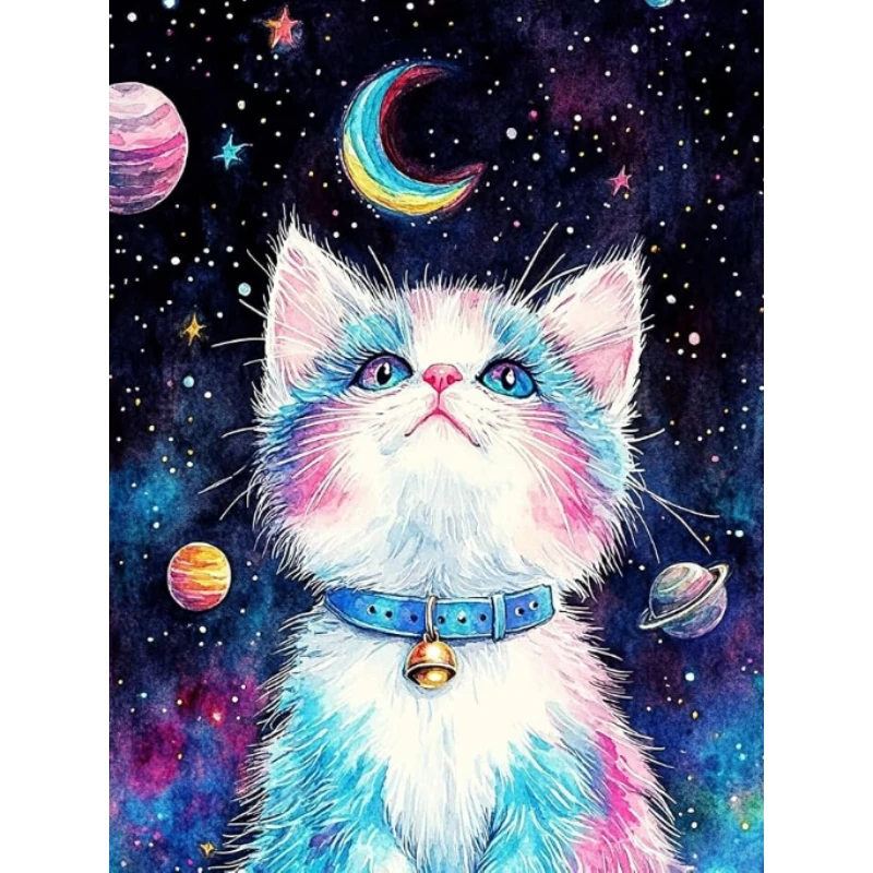 5D DIY Cosmic Kitty Diamond Painting, Dreamy Watercolor Kitten Among Planets And Moon Cat Lover Gift
