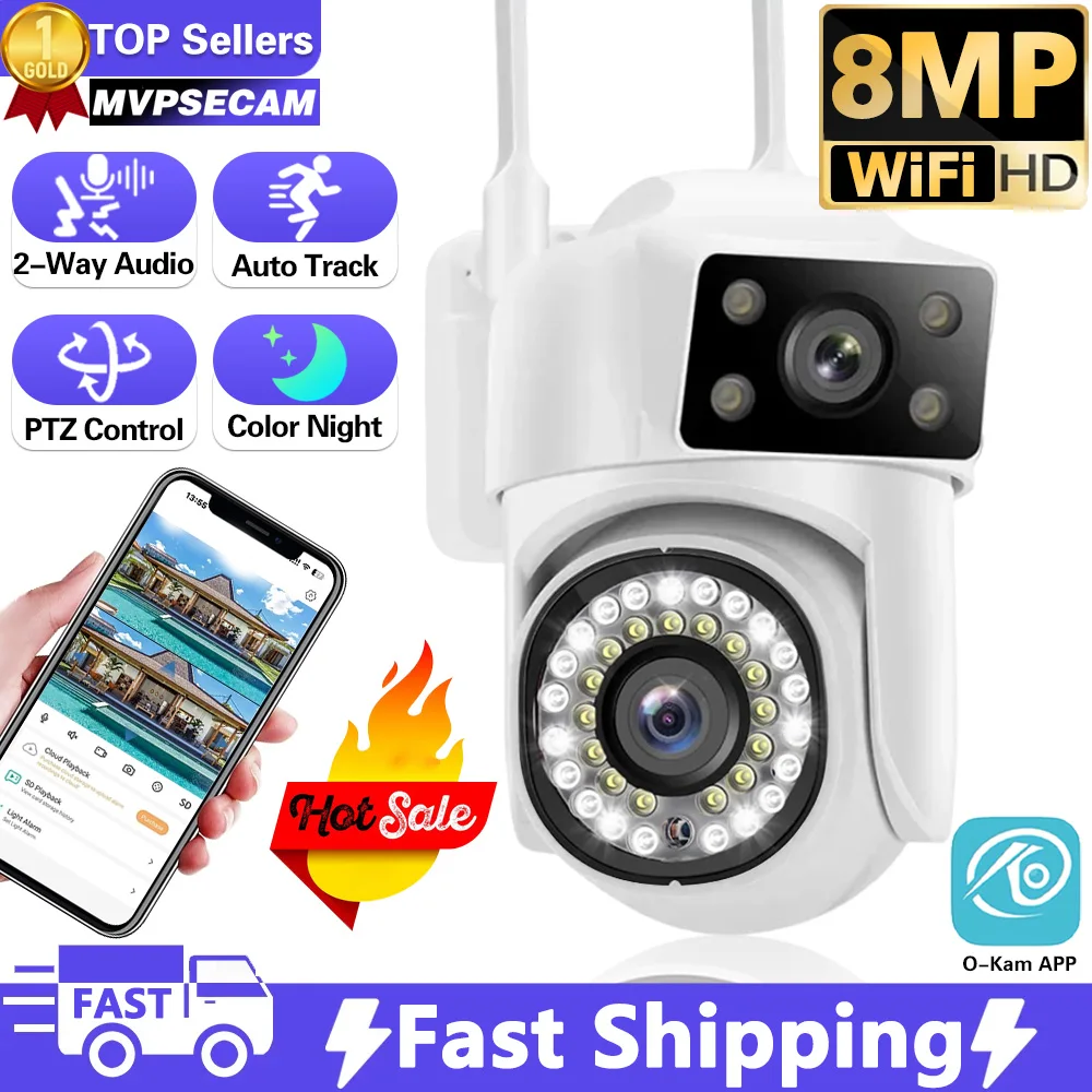 

4K 8MP Dual Lens PTZ WIFI Camera Full HD Dual Screen Ai Human Auto Tracking Outdoor 4MP Security Video Surveillance Camera O-KAM