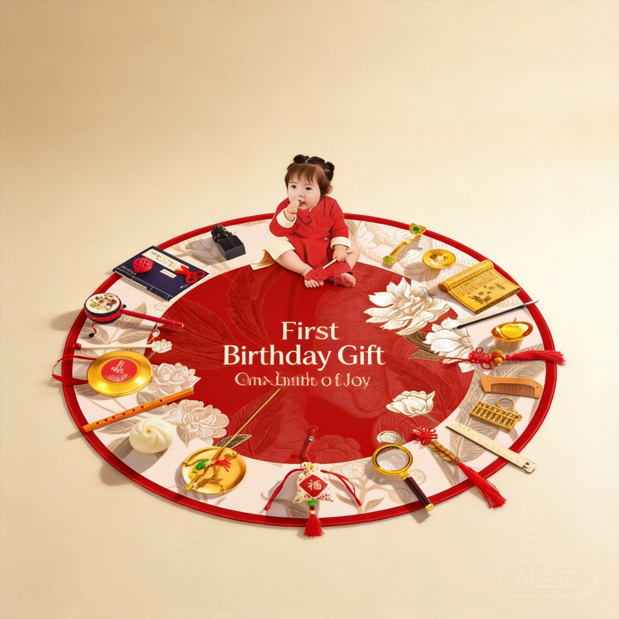 Chinese Traditional Zhua Zhou Complete Set Baby First Birthday Lucky Gift Cultural Fortune Telling Prop Round Rug Multiple Props