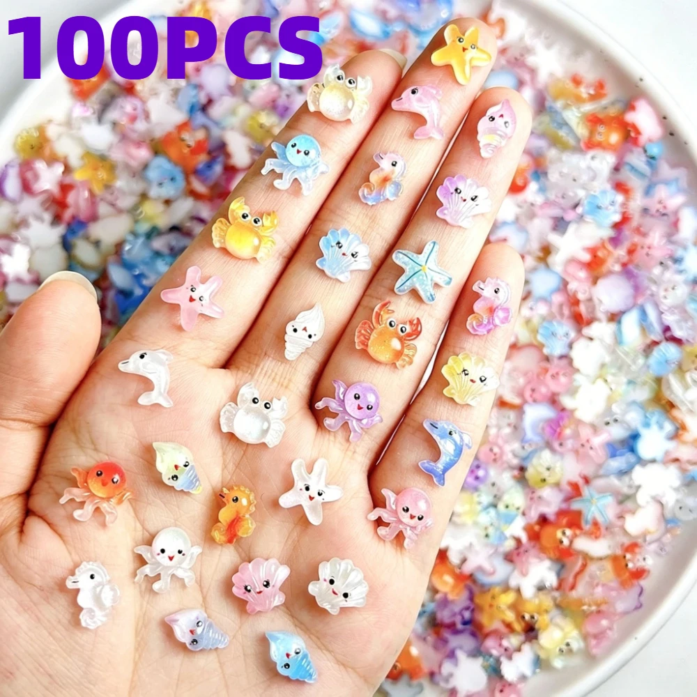 50-100Pcs Mixed Ocean Nail Rhinestones, Summer Shell Starfish Flat Back Charms Pink Gems DIY Nail Art Decor
