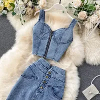 denim 2 piece set women korean outfits summer top and skirt two piece set elegant fashion midi skirt new in matching dress 투피스