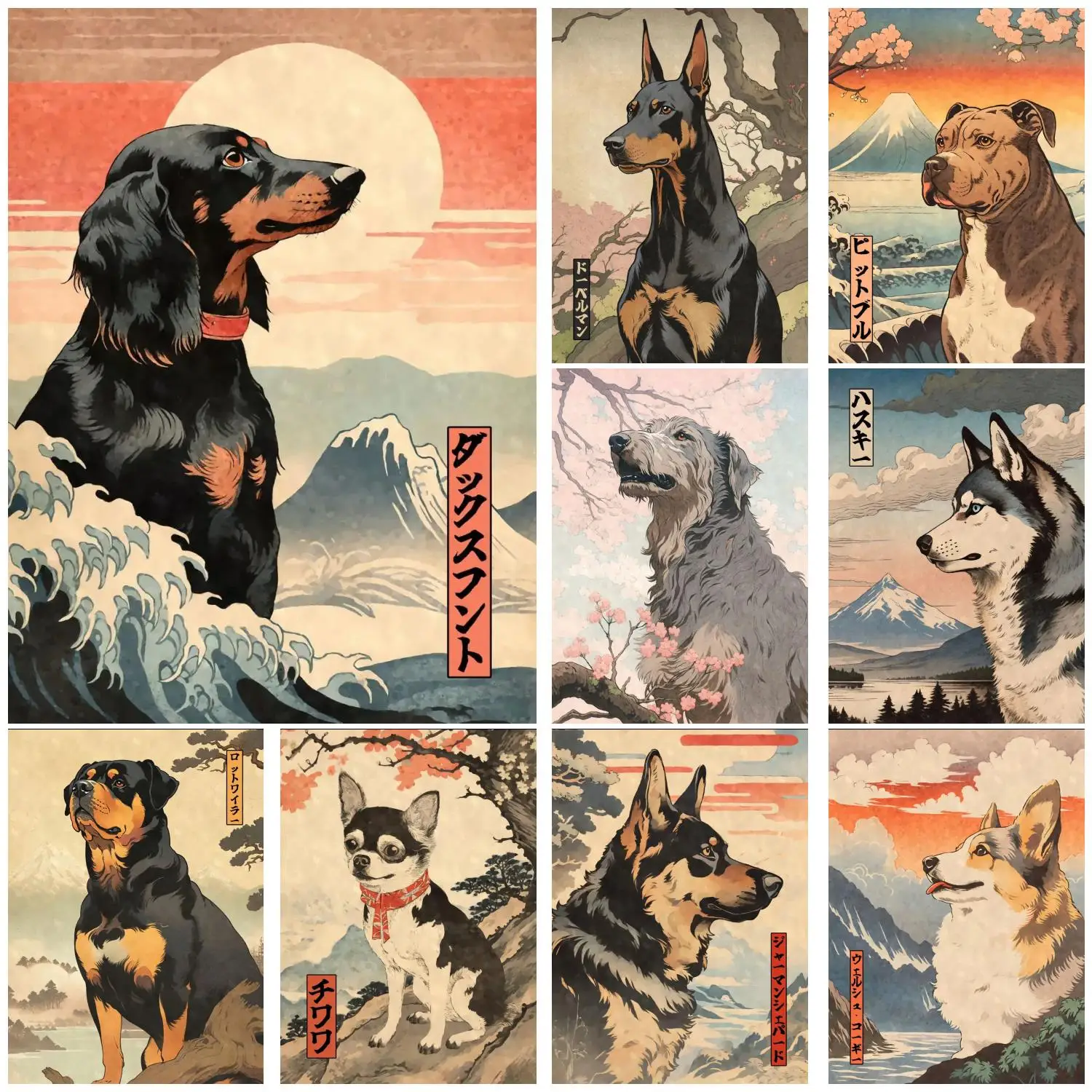 Japanese Mountain with Dog Labrador Doberman Rottweiler Bulldog Canvas Posters and Prints Wall Art Pictures Home Decor