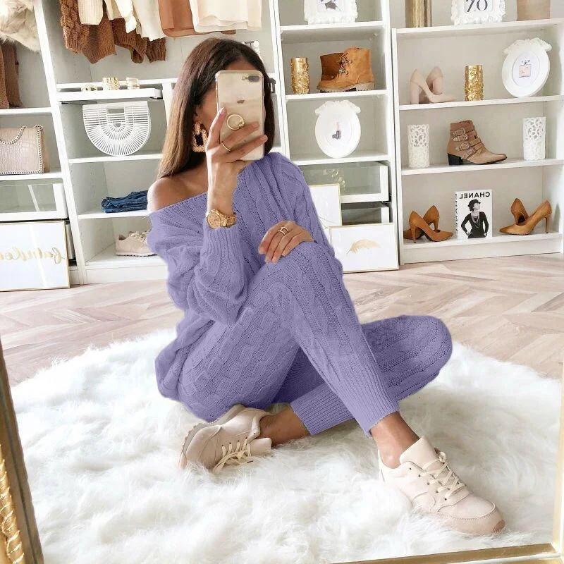 

Oversize Dropped Shoulder Knit Pants Set Women's Long Sleeve Knitted Long Sleeve Top Thick Sweaters Casual Two-piece Sweater