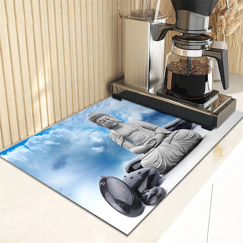 Buddha Statue Print Coffee Machine Drain Mat Cottage Kitchen Countertop Absorbent Mat Dry Non-slip Bar Table Washable Drain Pad