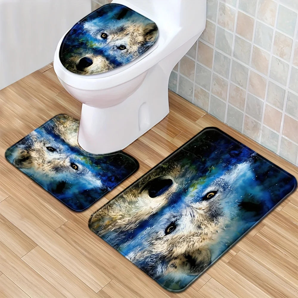 Wolf Pattern Bathroom Floor Mat Set 3pcs Absorbent Non-Slip Toilet Lid Cover U-Shaped Rug and Machine Washable Bath Mat