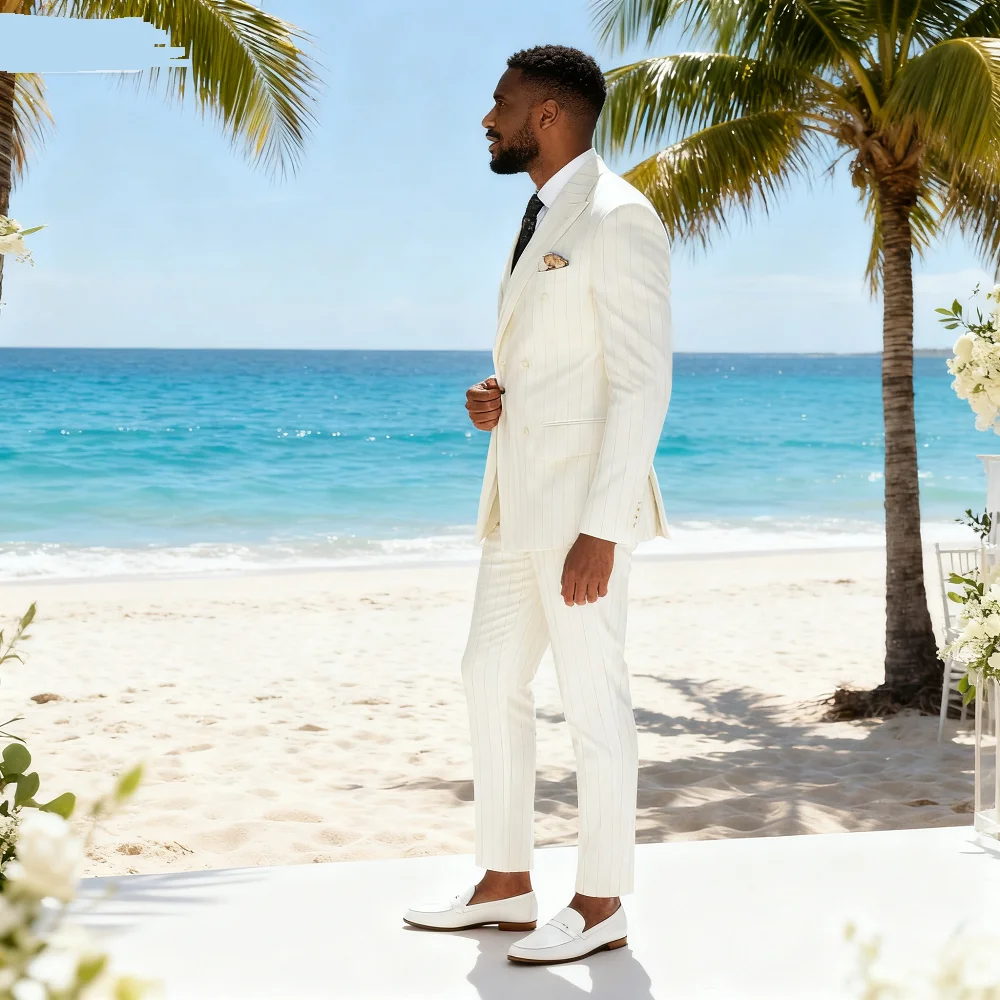 

Men's Slim Fit Blue Striped Suit Double Breasted Peak Lapel Smoking Blazer 2-Piece Wedding Groomsmen Tuxedo Ensemble